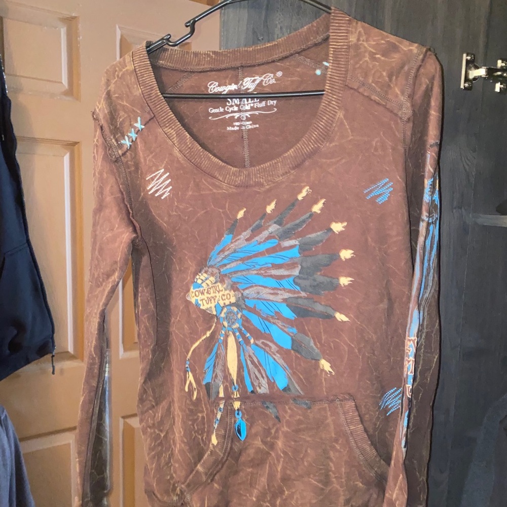Burnout Cowgirl Tuff pullover with hoodie pocket.